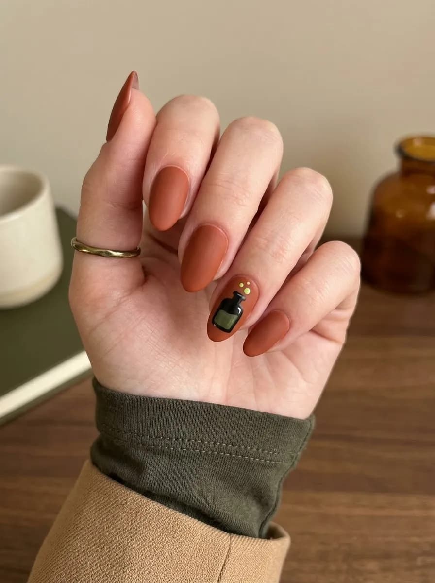 Short squoval matte burnt terracotta orange-brown nails with a miniature potion bottle illustration on one accent nail