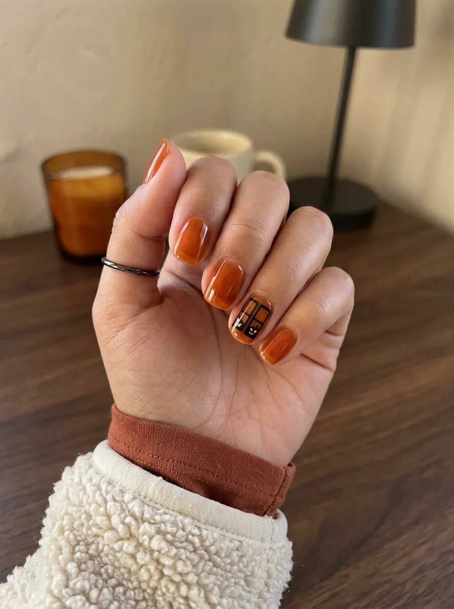 Short oval glossy translucent amber orange nails with a small black jack-o'-lantern face on one accent nail