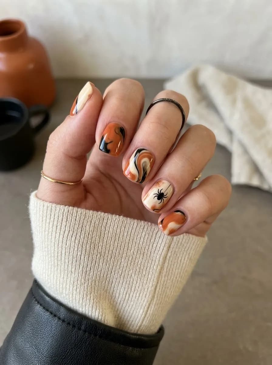 Short oval nails with orange terracotta cream and white marble swirls and a small black spider silhouette on one accent nail