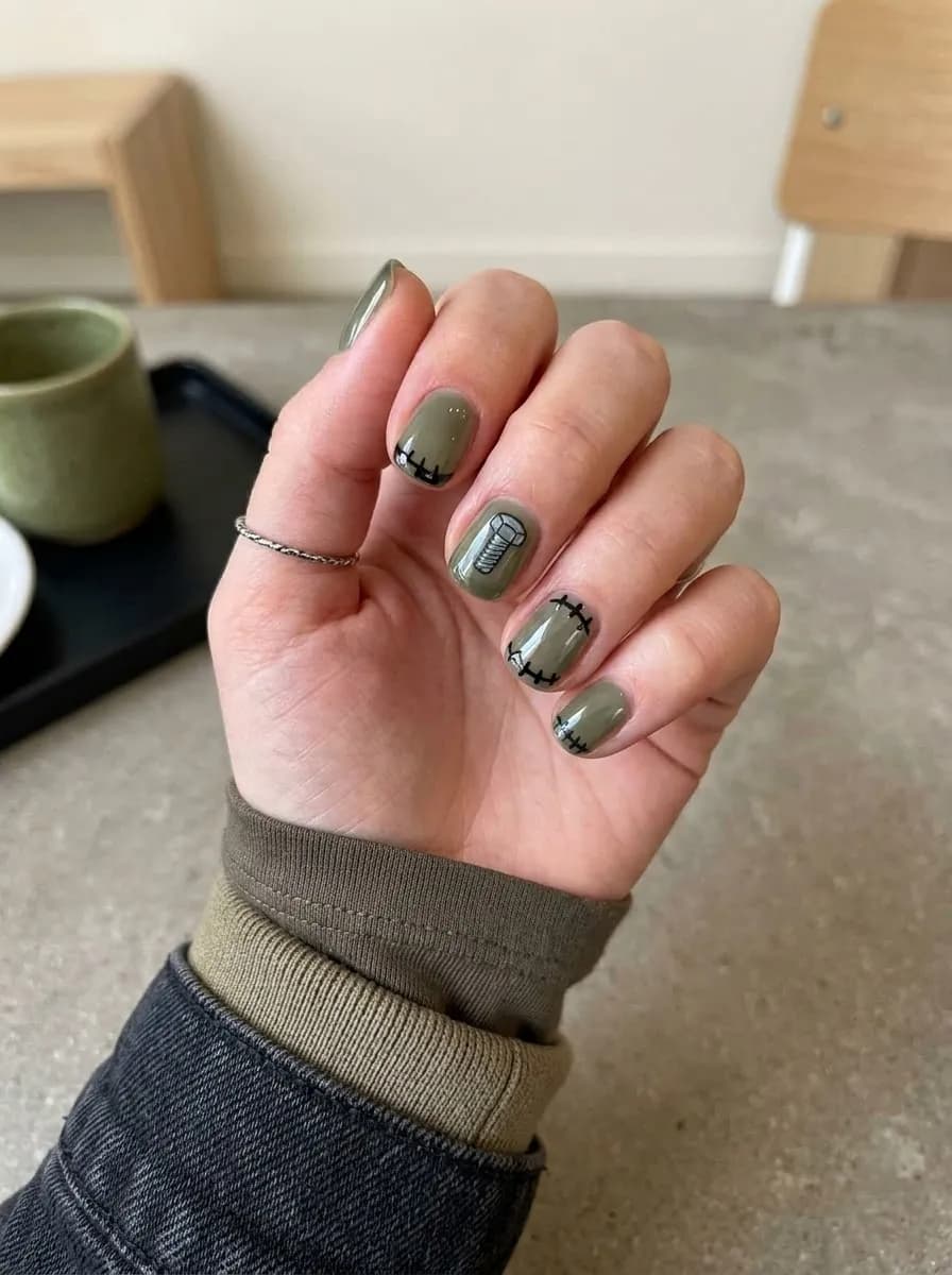 Short squoval muted olive-gray nails with black Frankenstein stitch details along the edges and a metallic bolt accent