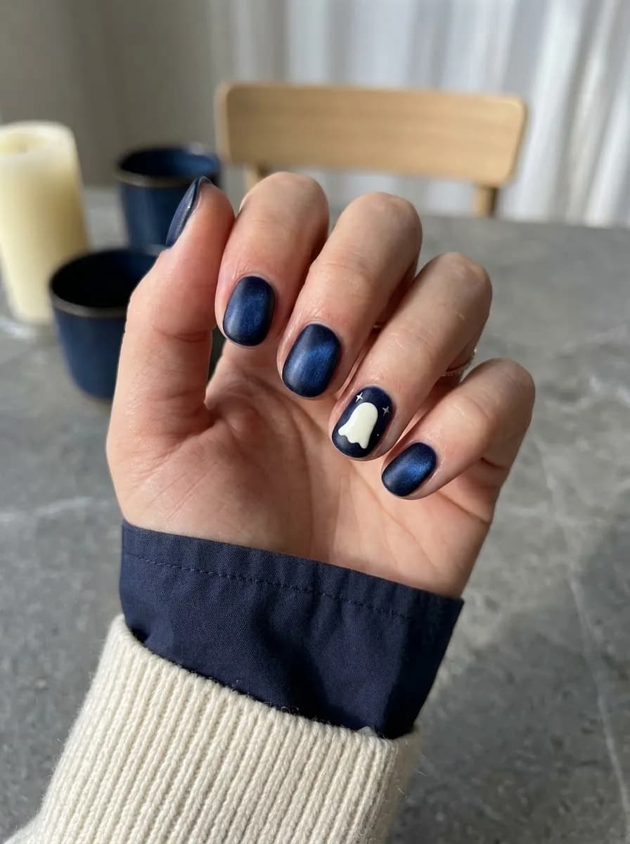 Short oval deep midnight blue nails with a magnetic glow, tiny white ghost silhouette, and miniature star accents