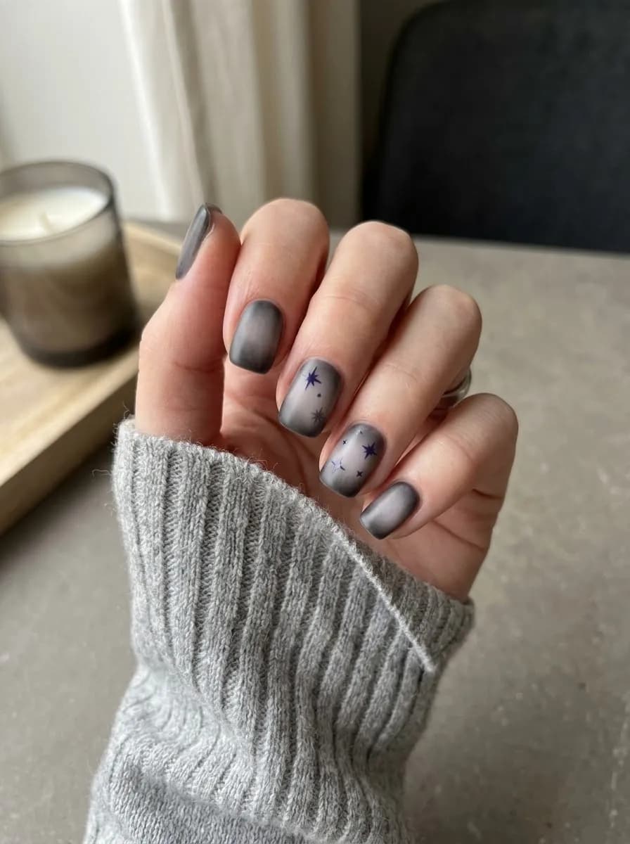 Short oval hazy smoky grey nails with dark starburst accents scattered across the center nails