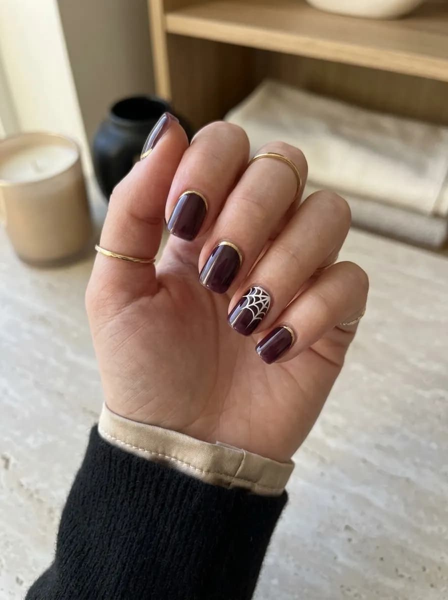 Short square dark plum burgundy glossy nails with gold metallic French tips and a white spiderweb accent on one nail