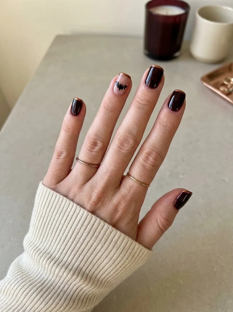 Short square glossy burgundy nails with ultra-thin copper French tips and a tiny black bat silhouette on a sheer nude accent nail