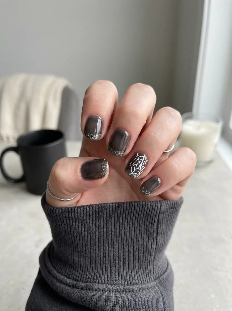 Short oval smoky taupe nails with silver glitter micro-French tips and a white spiderweb over a translucent dark accent nail