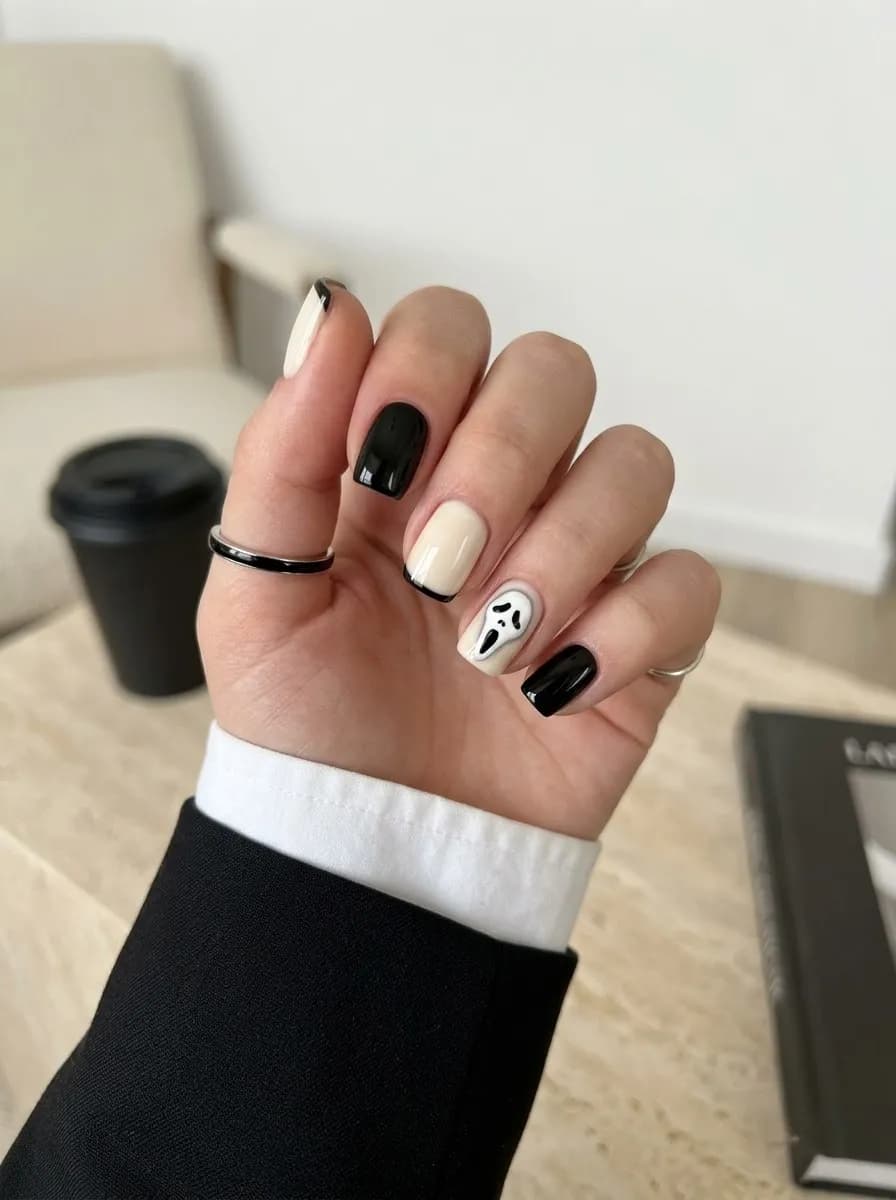 Short square glossy black and cream alternating nails with a black Scream ghost mask illustration on a pale accent nail
