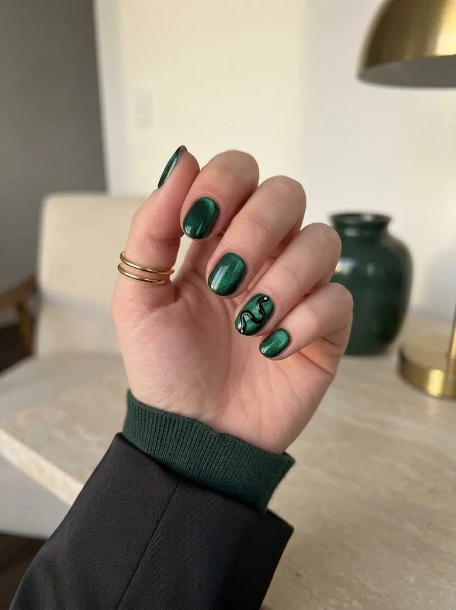 Short square jewel-toned emerald green magnetic shimmer nails with a winding black snake illustration accent