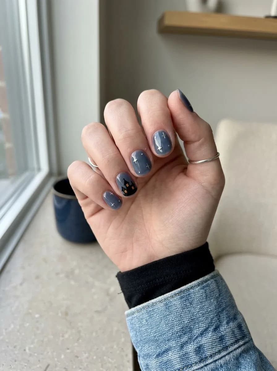 Short oval slate grey-blue glossy nails with a black haunted house silhouette featuring tiny yellow lit windows and small white star accents