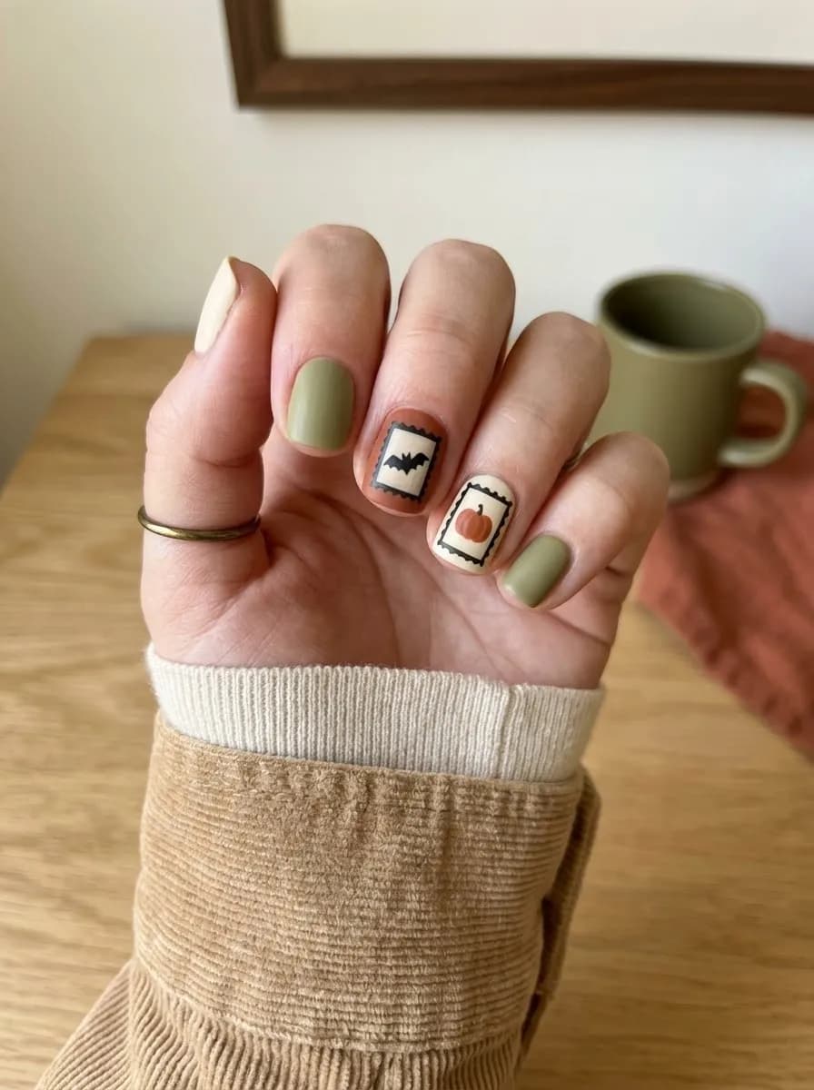 Short squoval matte olive green nails with two accent nails featuring framed bat and pumpkin illustrations on cream backgrounds