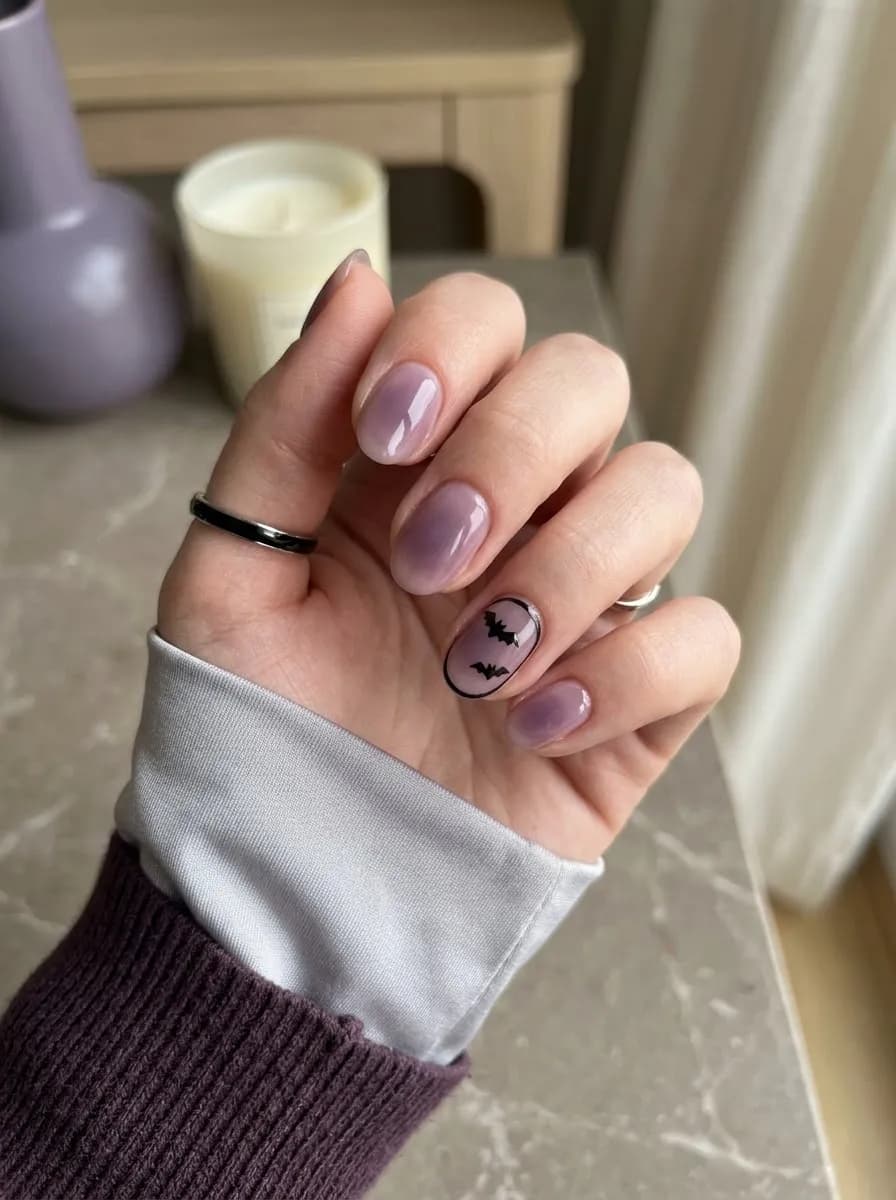 Short oval sheer lavender glossy nails with a black oval frame containing small bat silhouettes on one accent nail