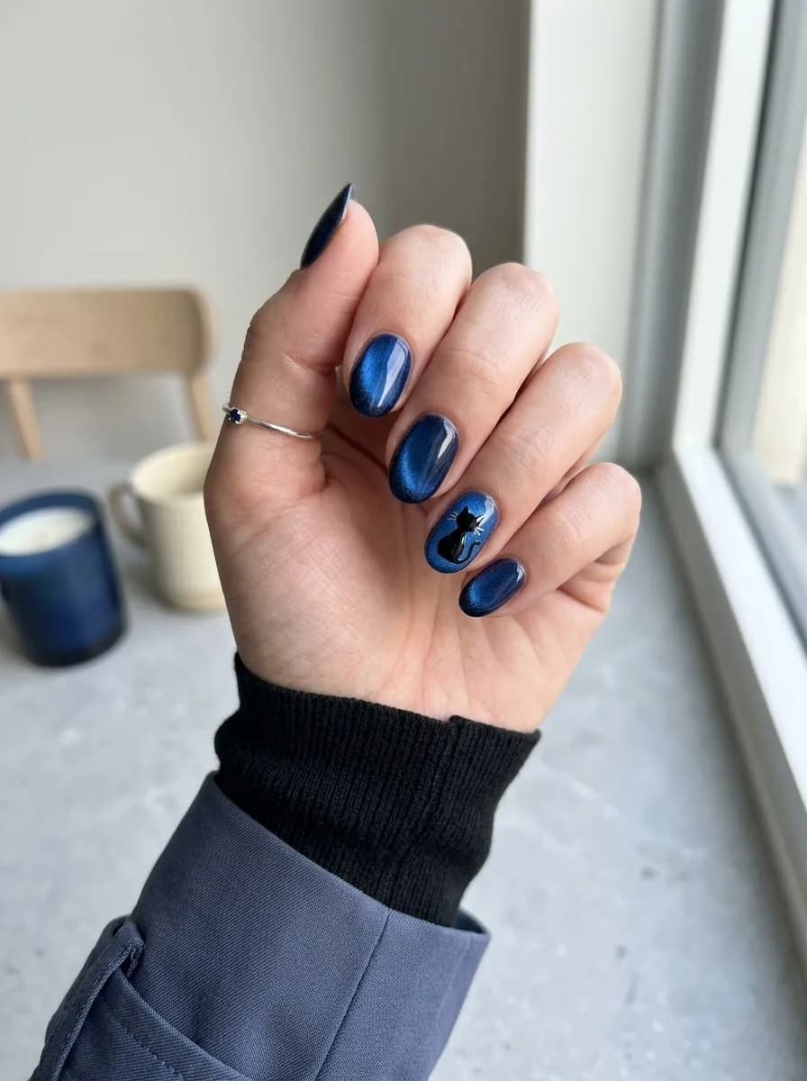 Short oval deep shimmery navy blue chrome nails with a black cat silhouette and sparkle details on one accent nail