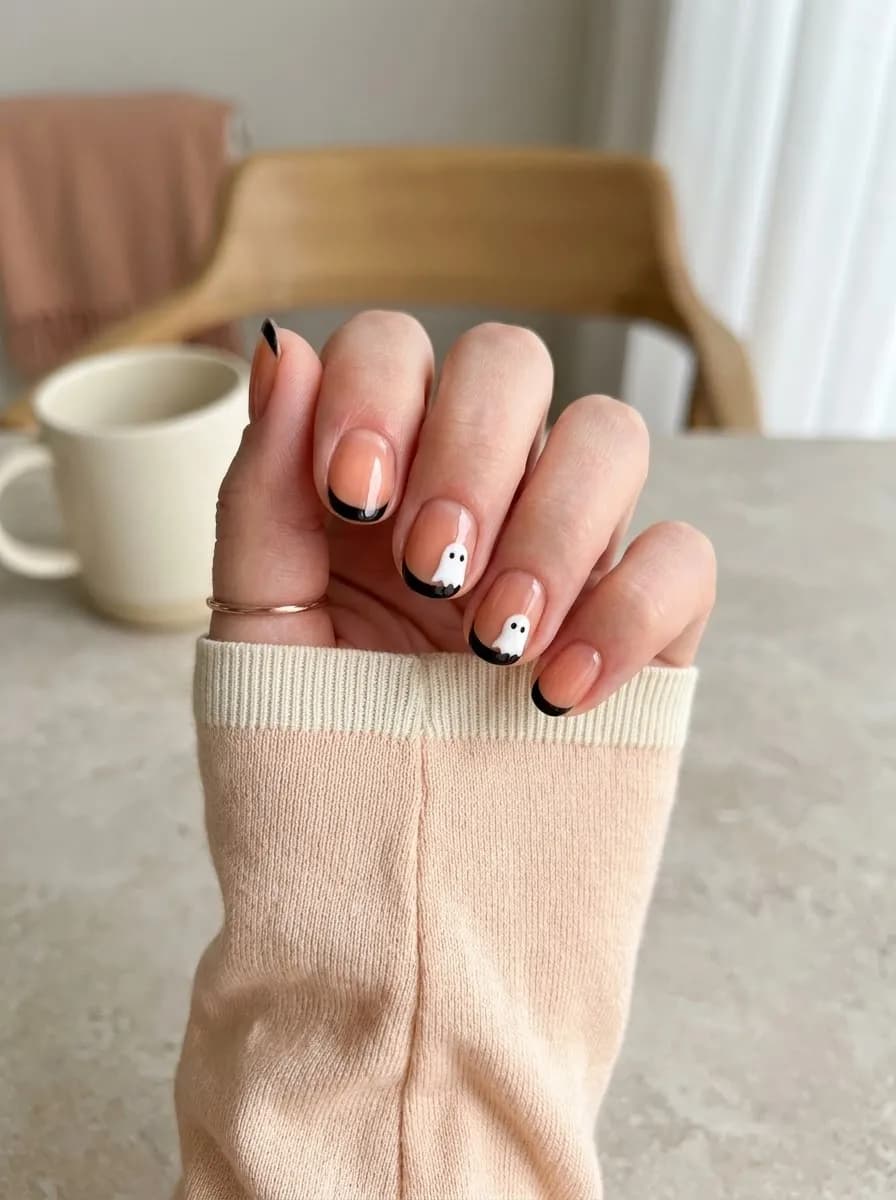 Short oval nails with black French tips on a sheer nude base and tiny white ghost silhouettes peeking over the tips on accent nails