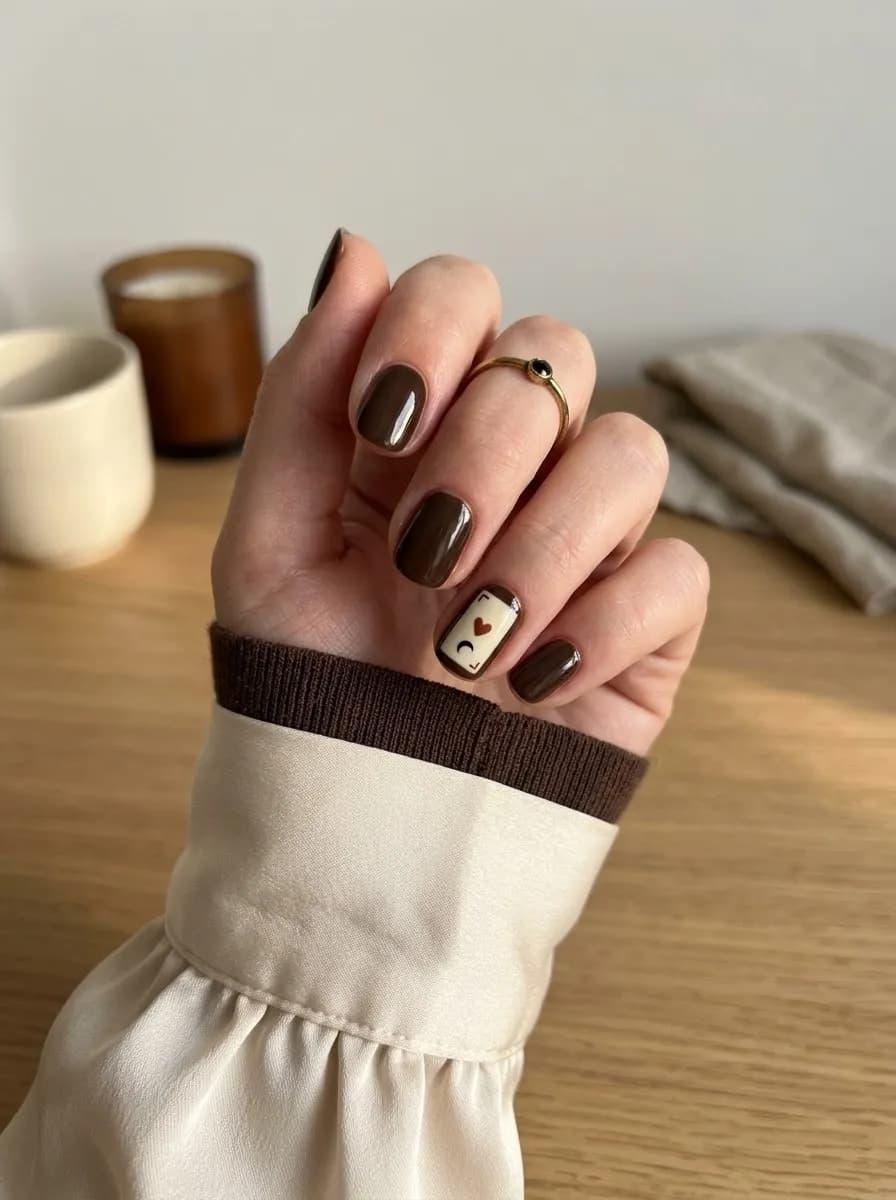 Short oval glossy chocolate brown nails with a cream tarot card illustration featuring a small red heart on one accent nail