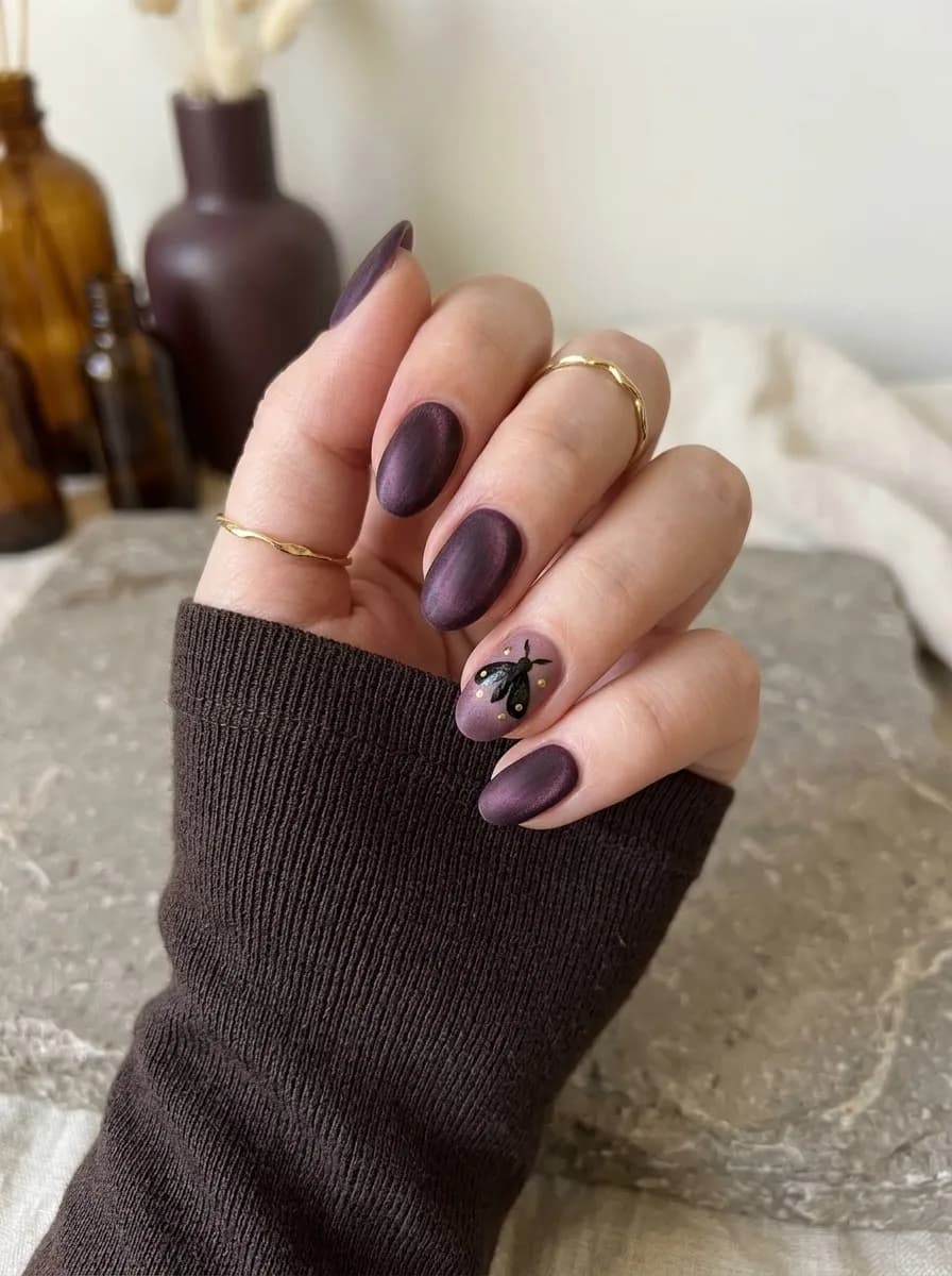 Short oval matte dark plum purple shimmery nails with a black beetle illustration and gold dot accents on one accent nail