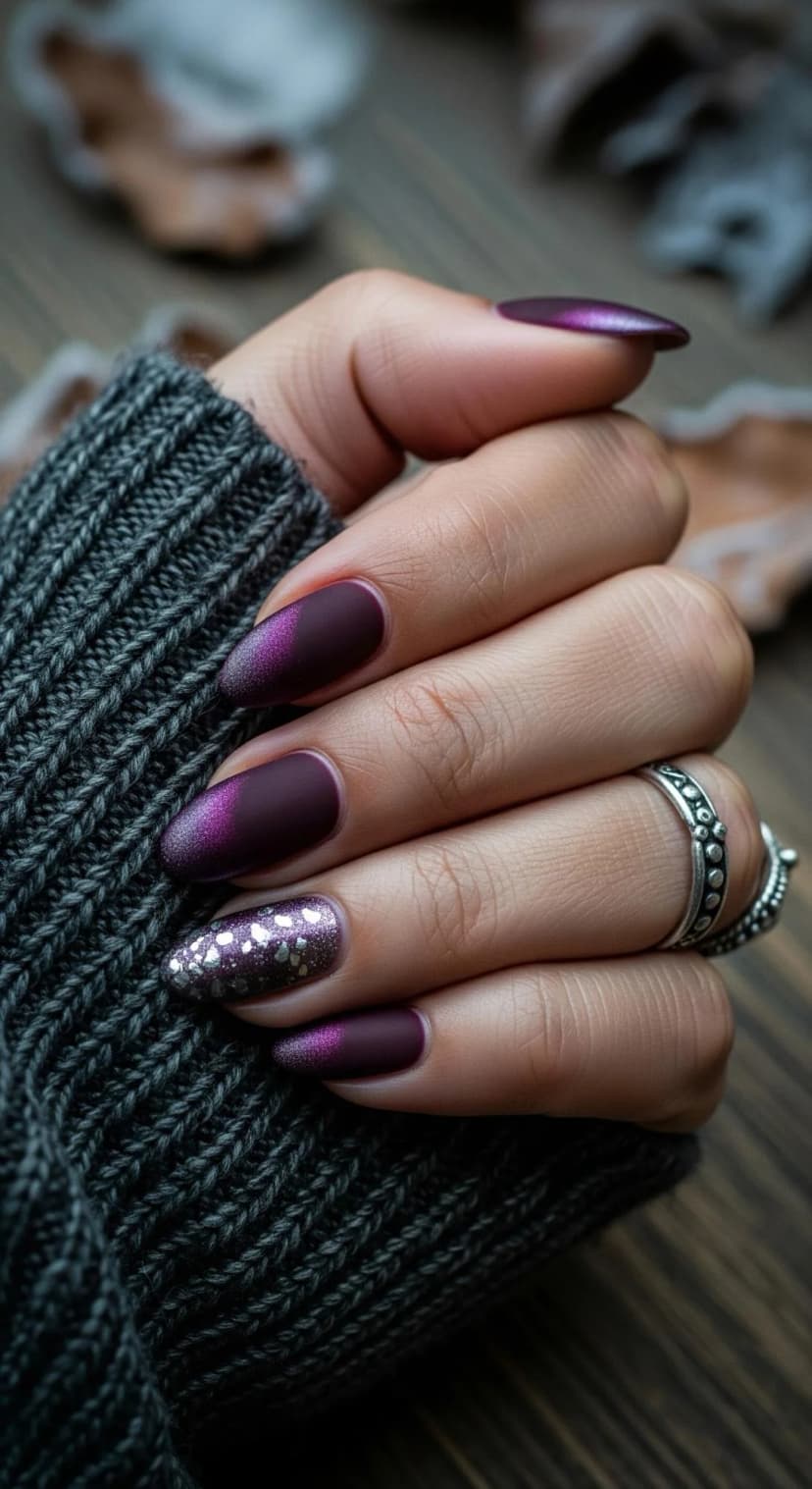 Plum Ombre Nails with a Touch of Silver Glam