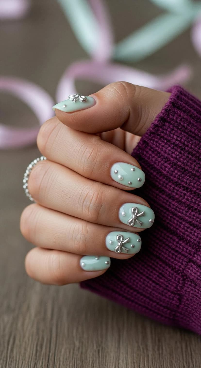 Mint Gel Manicure with Silver Bow Charms