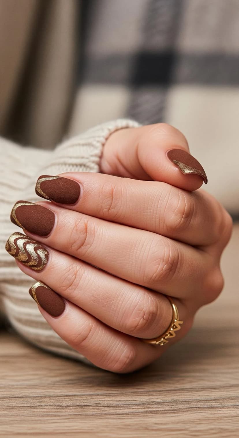 Chocolate Matte Nails with Gold Glitter Accents