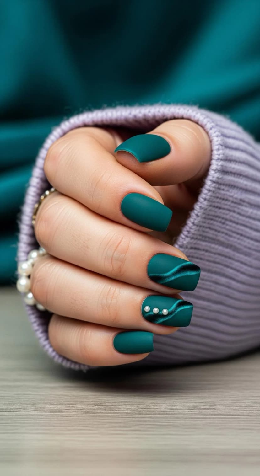 Teal Matte Nails with Subtle Accent Details