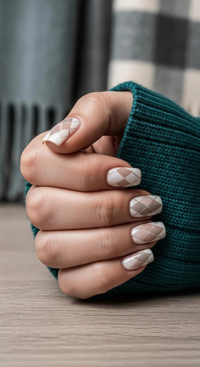 Cream Argyle Nails (Subtle Pattern, Big Style)