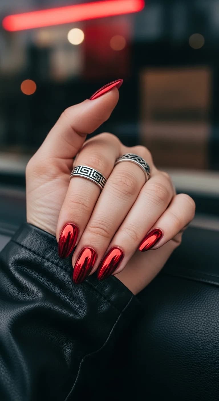 Fiery Red Chrome Stiletto Nails