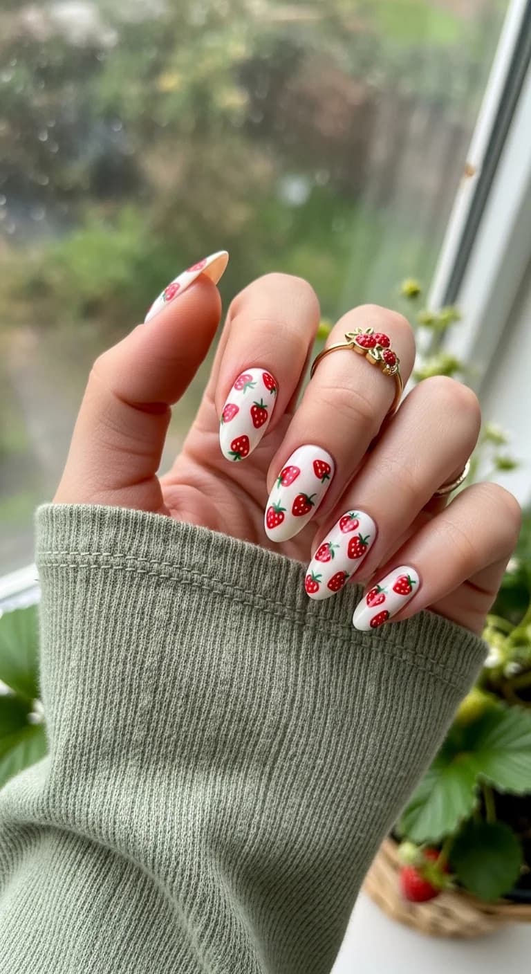 Sweet Strawberry Patch Almond Nails