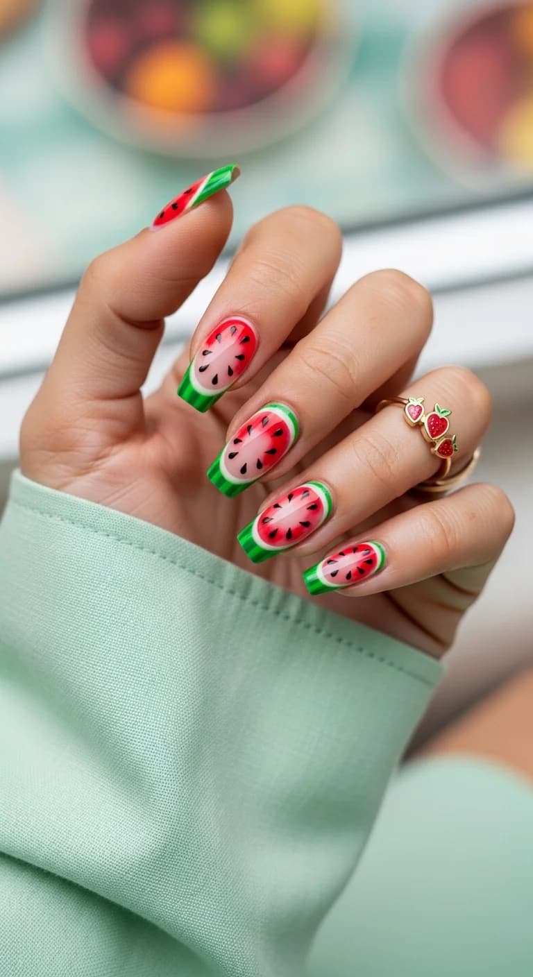 Juicy Watermelon Slice Coffin Nails
