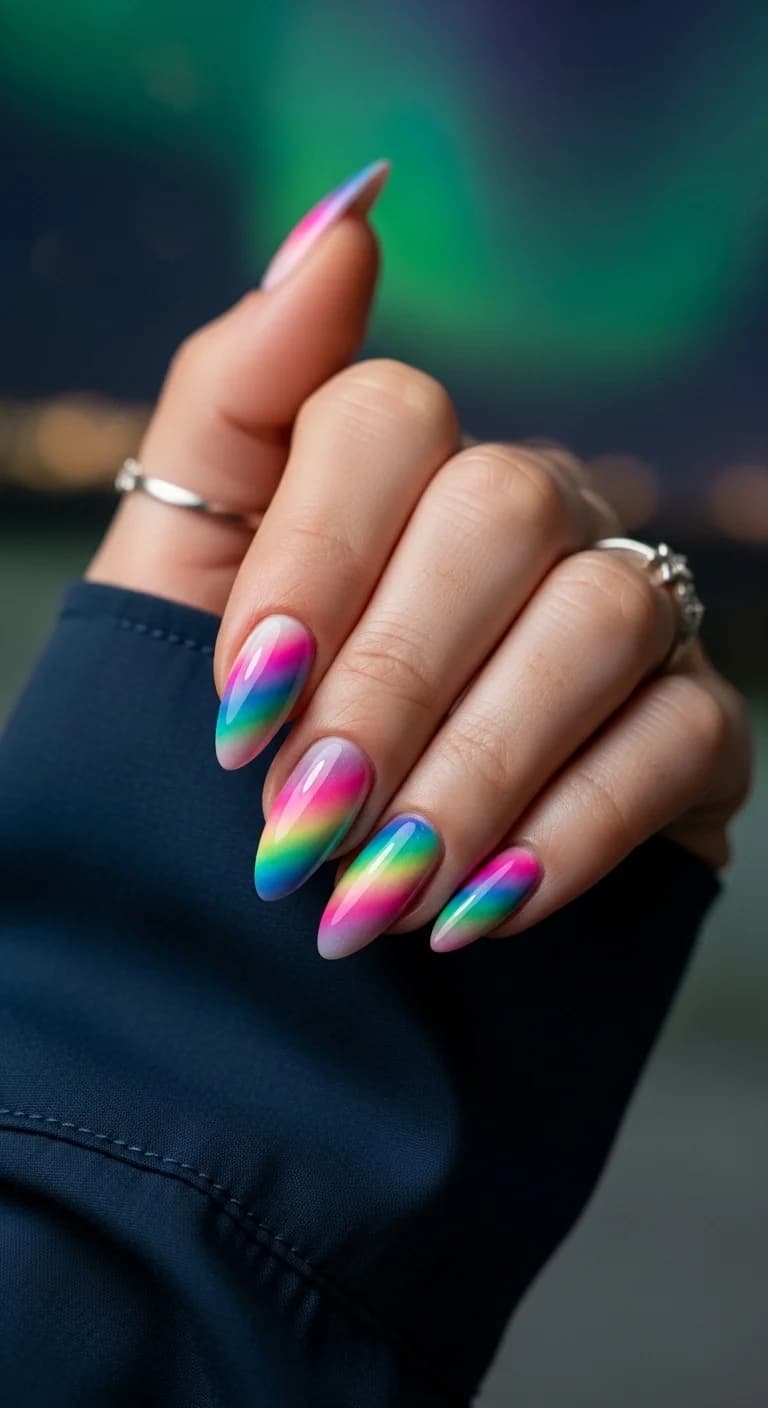 Vibrant Rainbow Tie-Dye Aura Almond Nails