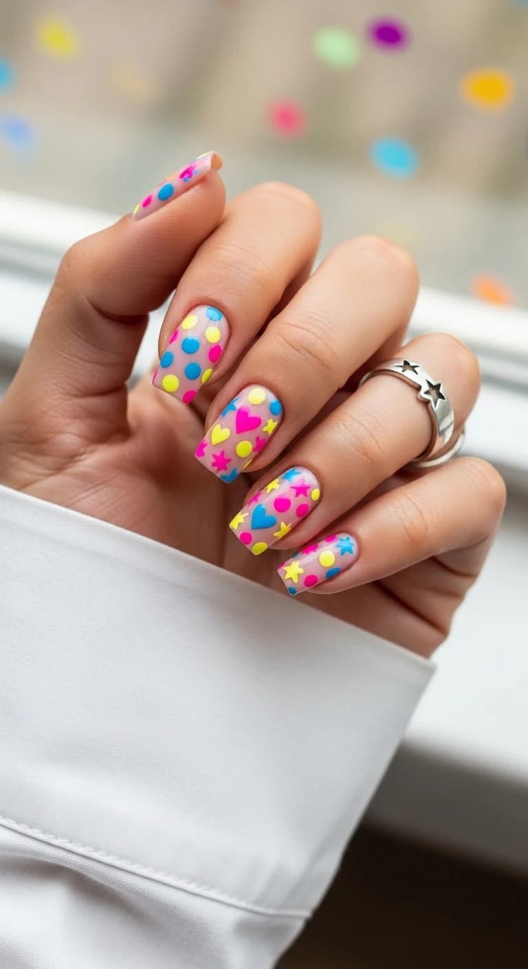 Neon Pop Art Polka Dot & Heart Nails