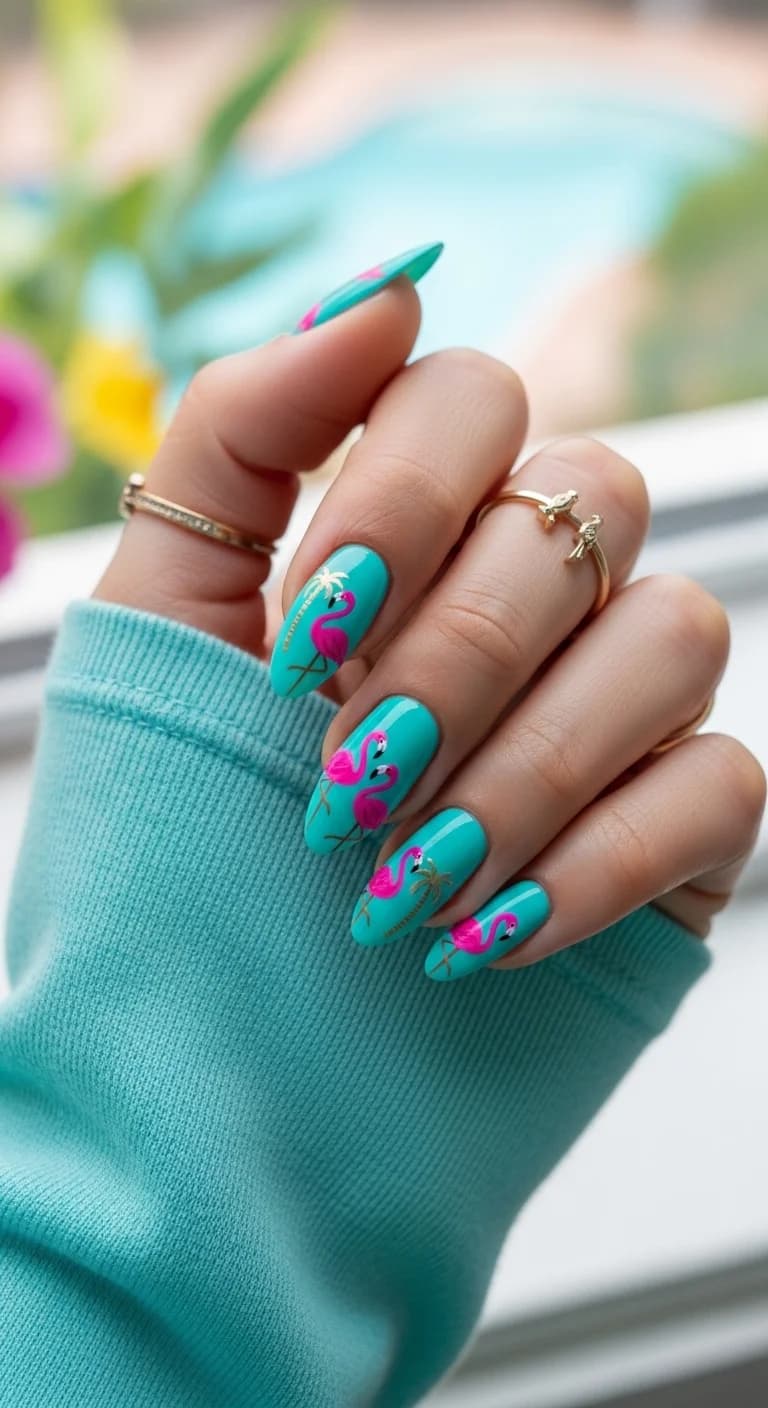Tropical Teal Flamingo & Palm Tree Nails