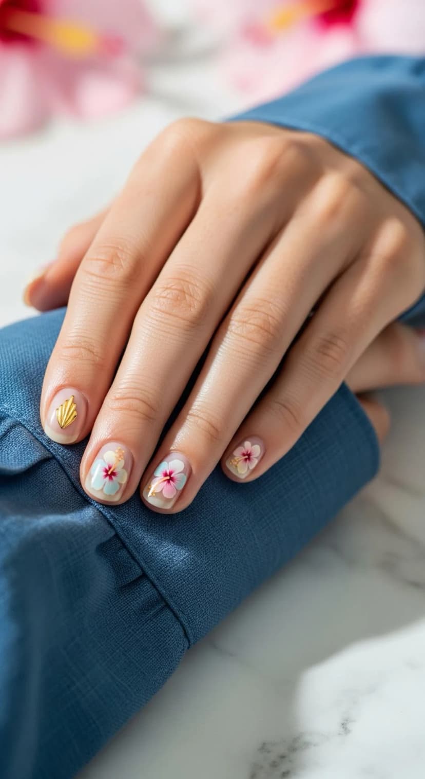 Sheer Floral Nail Art with a Gold Seashell Accent