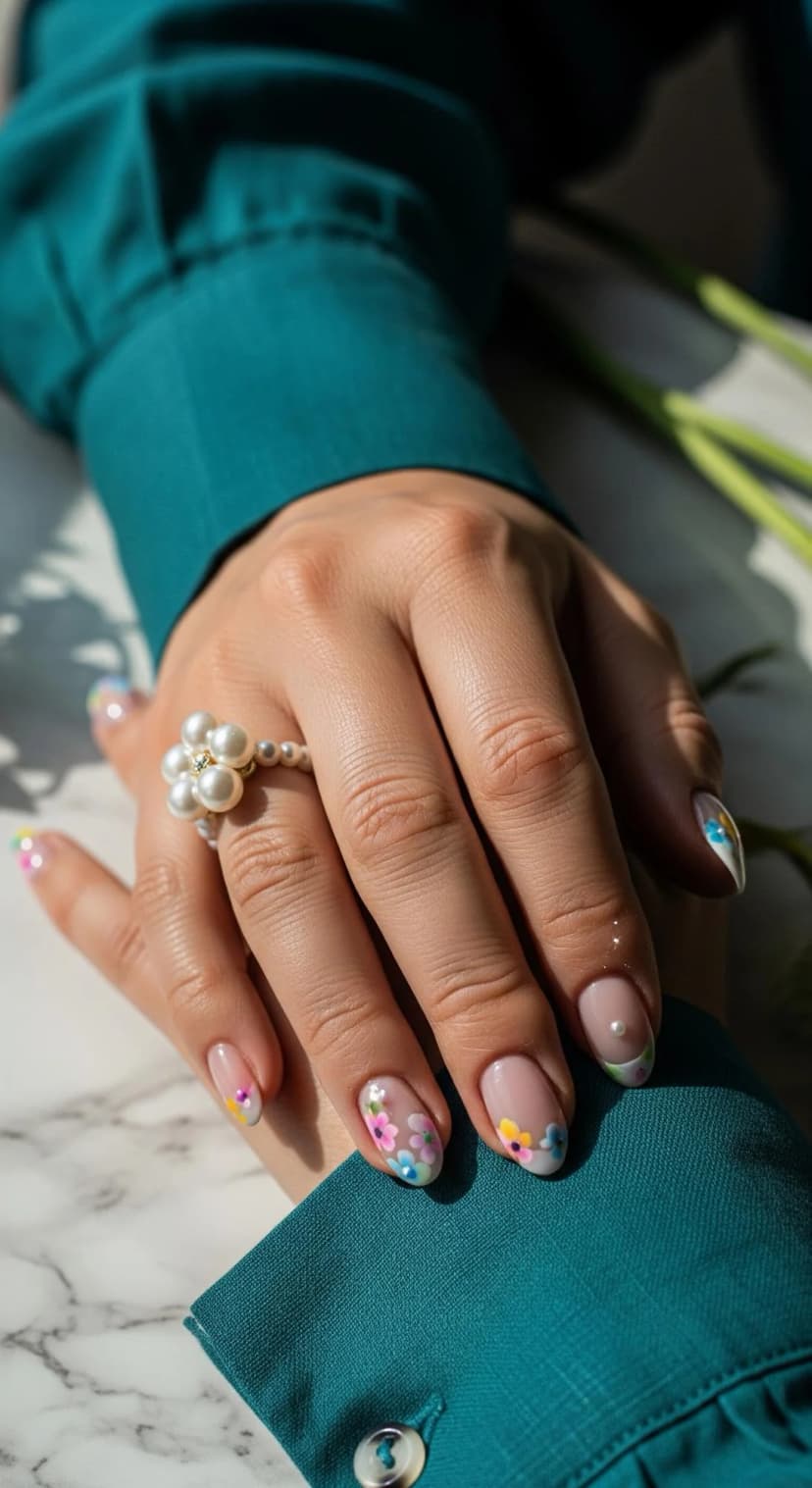 Soft Floral Nails with Pearl Accent