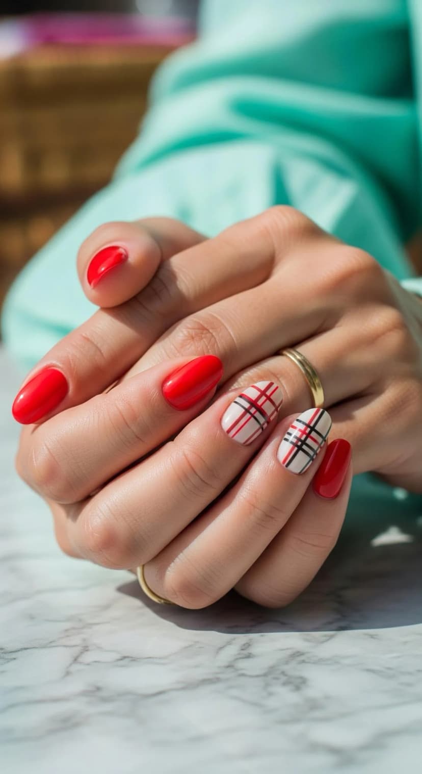 Classic Red Oval Nails with White & Red Plaid Accent