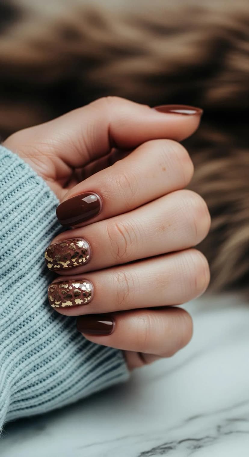 Chocolate Brown Gel Nails with Gold Foil Accents