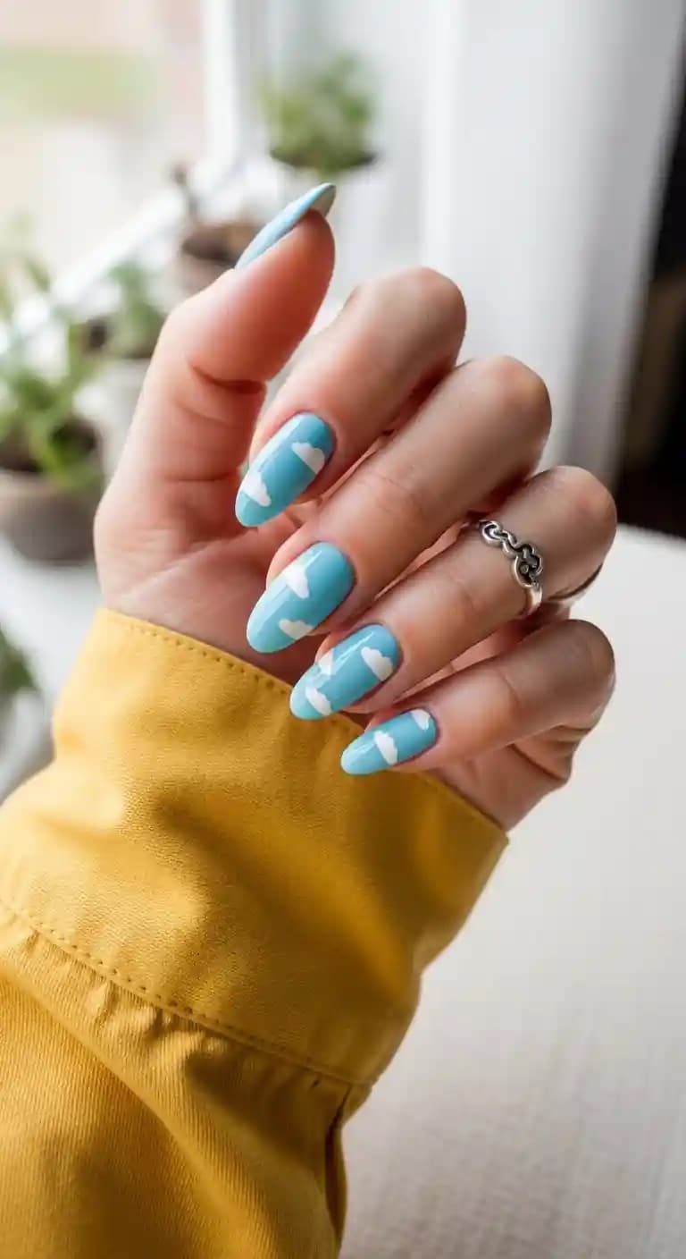 Sky Blue Cloud Nails + White Cloud Accents