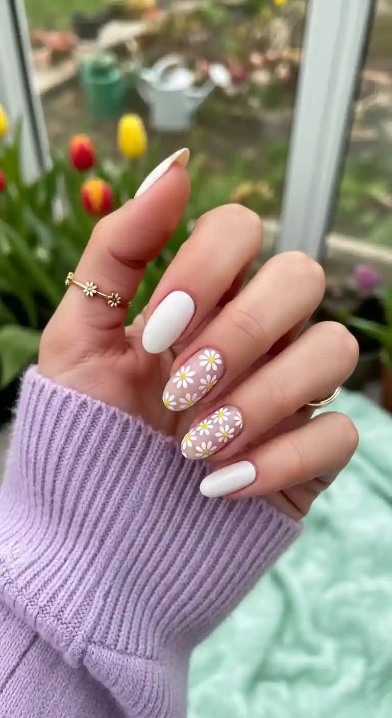 White Oval Nails + Daisy Accent Nails