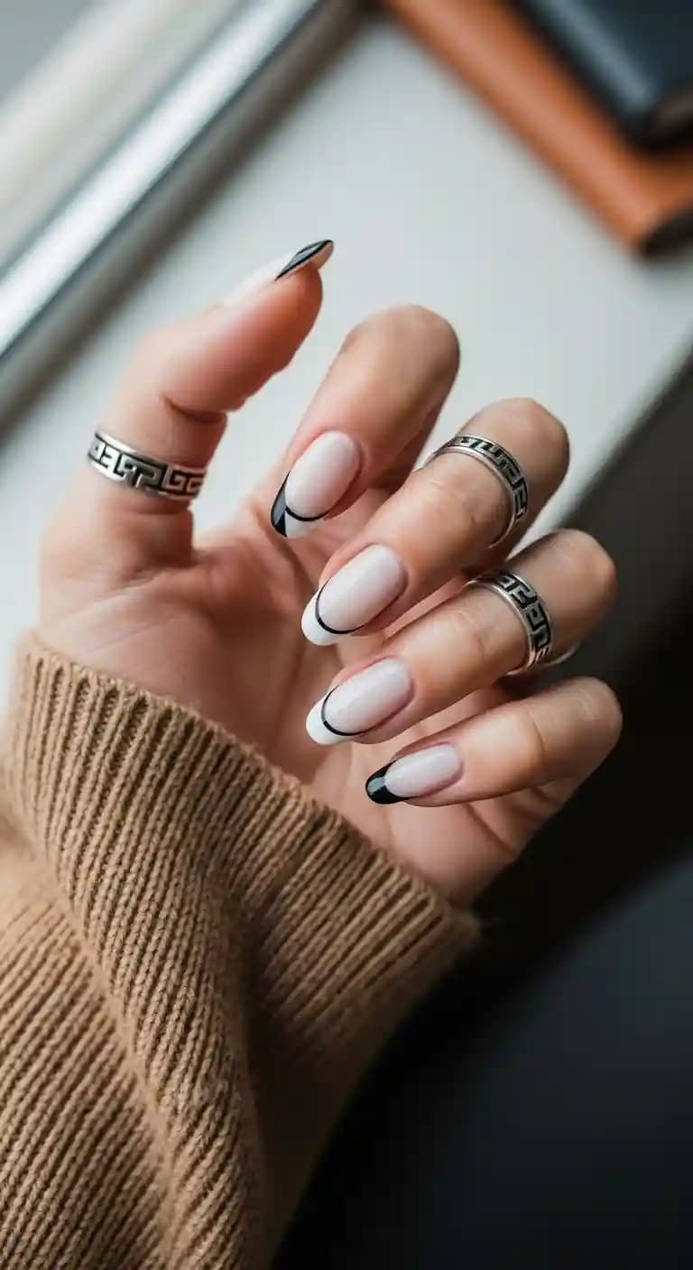 Nude French Tip Nails + Black Outline Detail