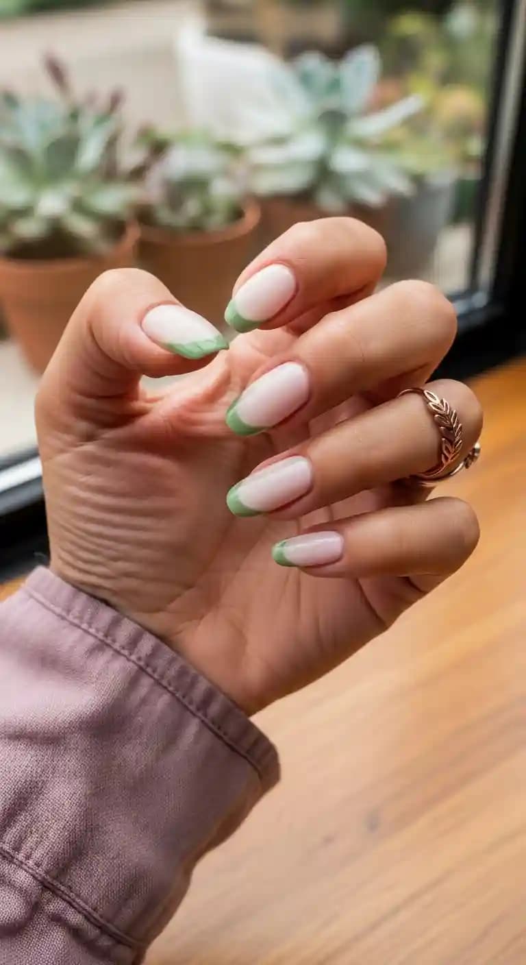 Sage Green French Tip Nails