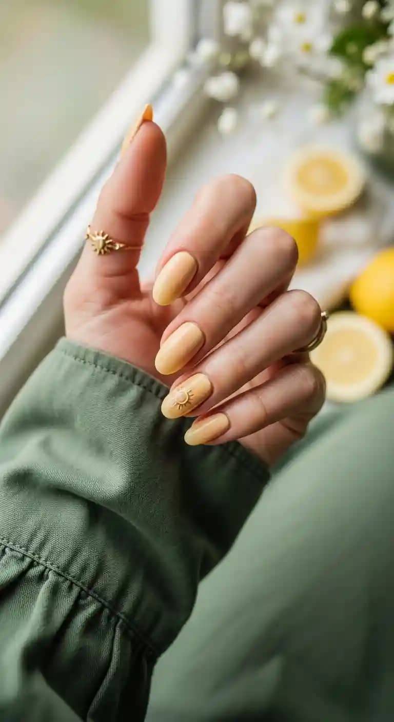 Sunny Peach Ombre + Raised Sun Accent Nail