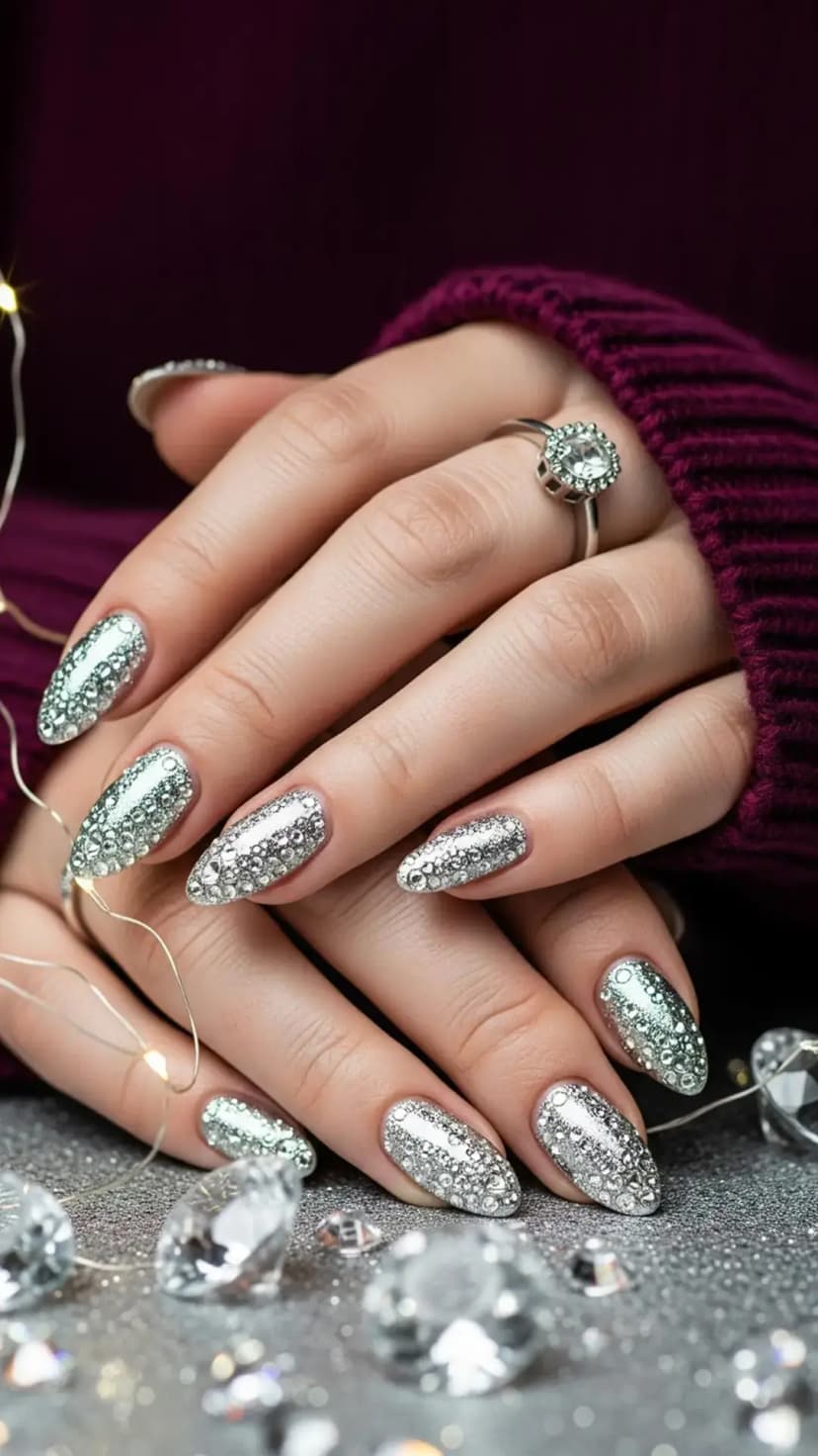 Full Silver Crystal Party Nails