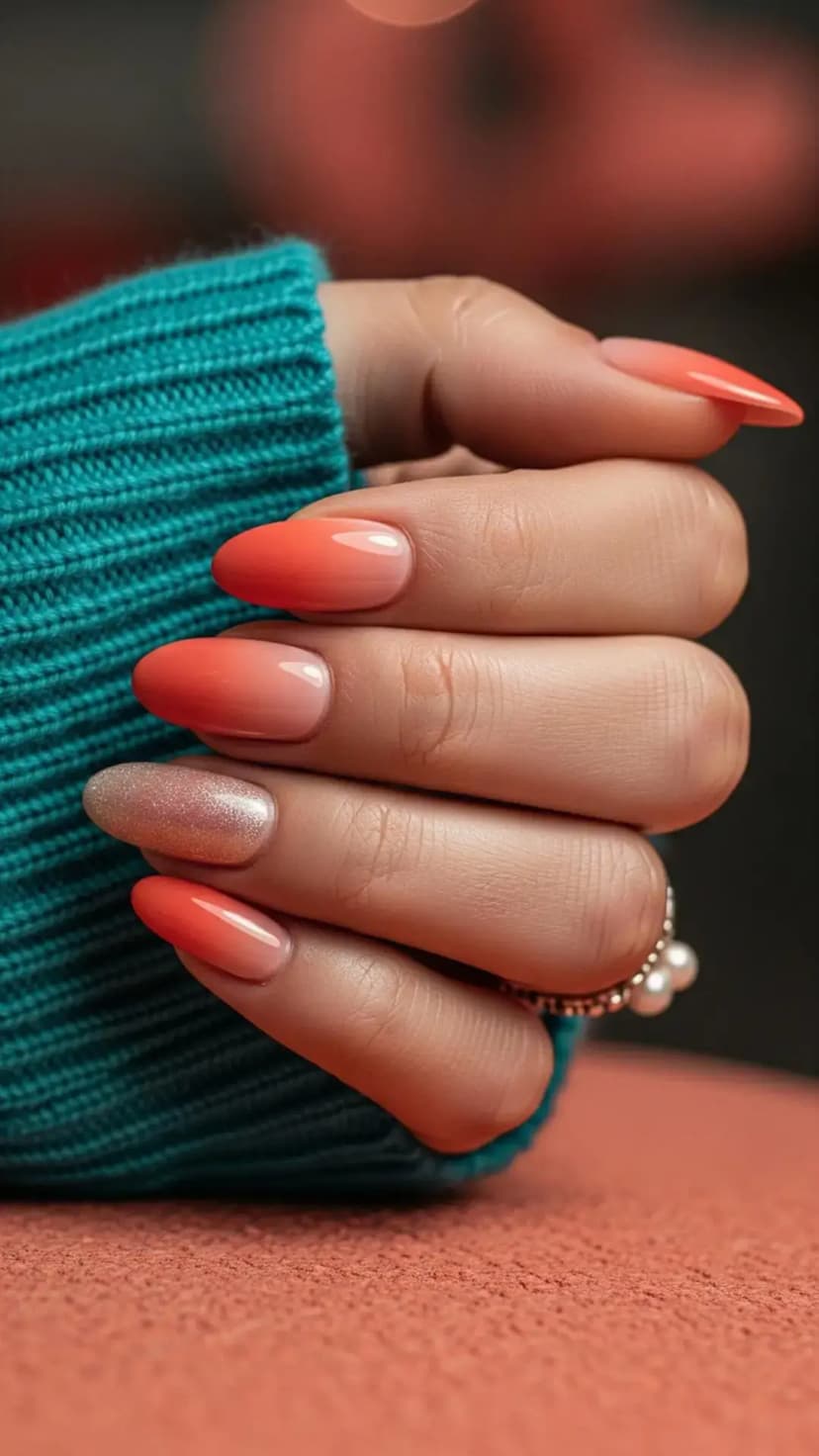 Coral Ombre With Sparkly Accent Nail
