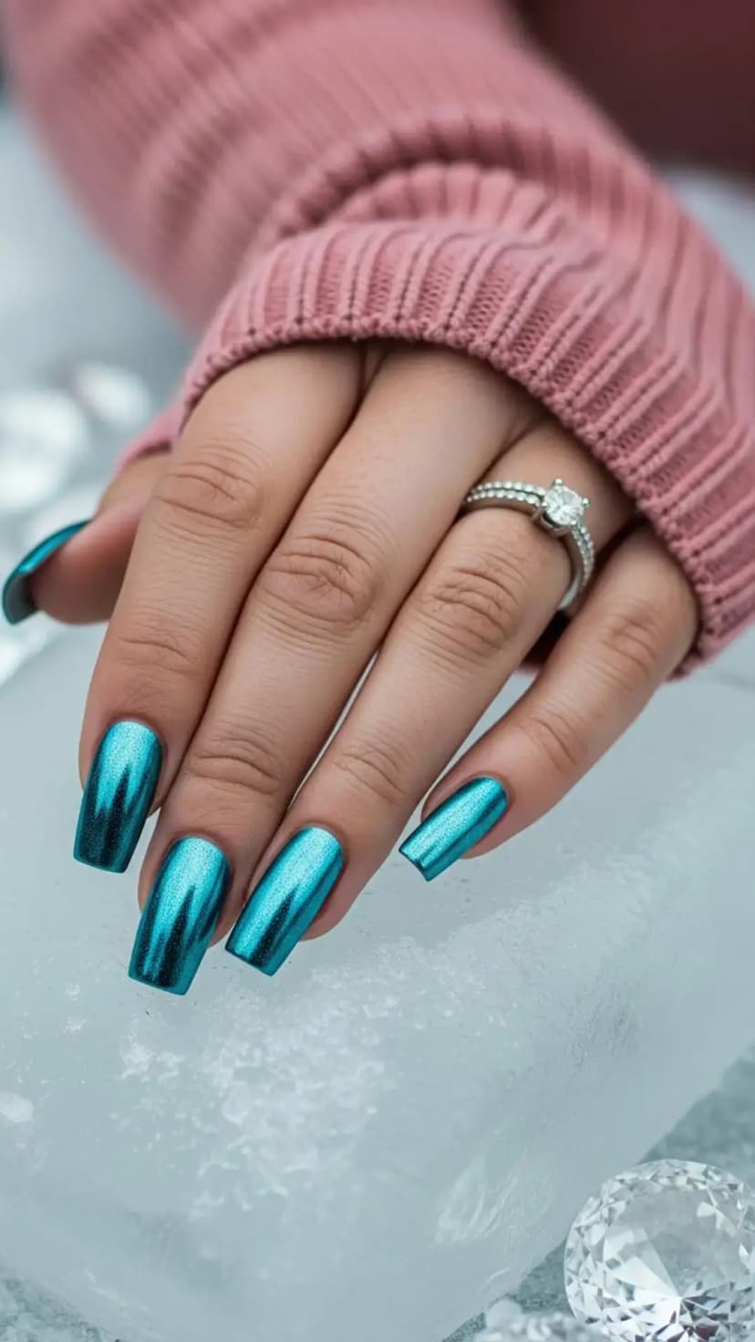 Icy Turquoise Chrome Square Nails