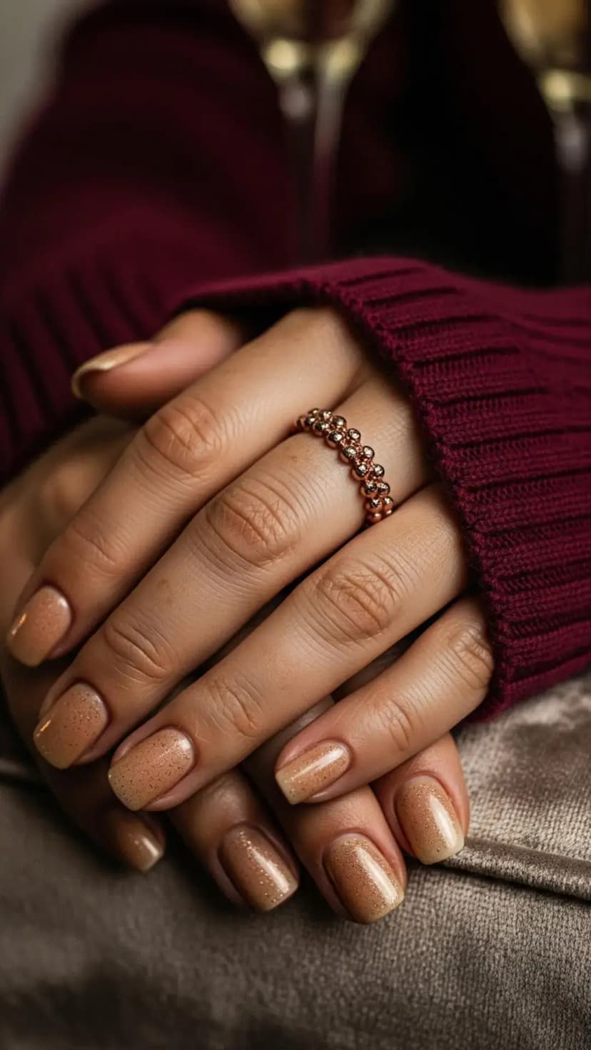 Soft Golden Mauve Sparkle Nails