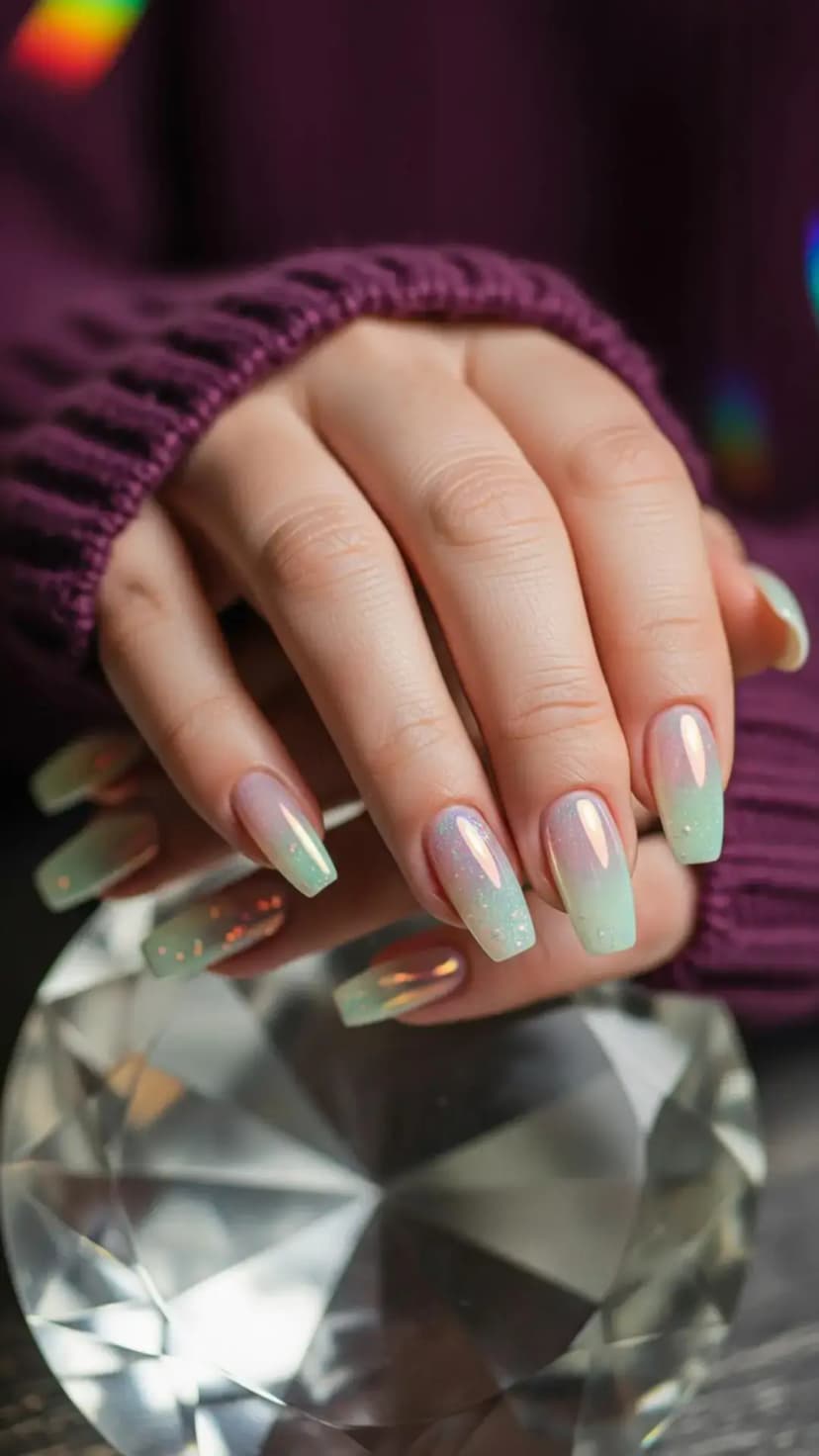 Minty Iridescent Ombre New Year Nails