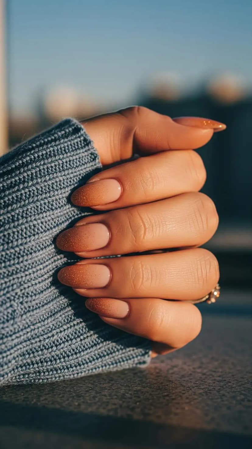 Nude To Copper Glitter Ombre Nails