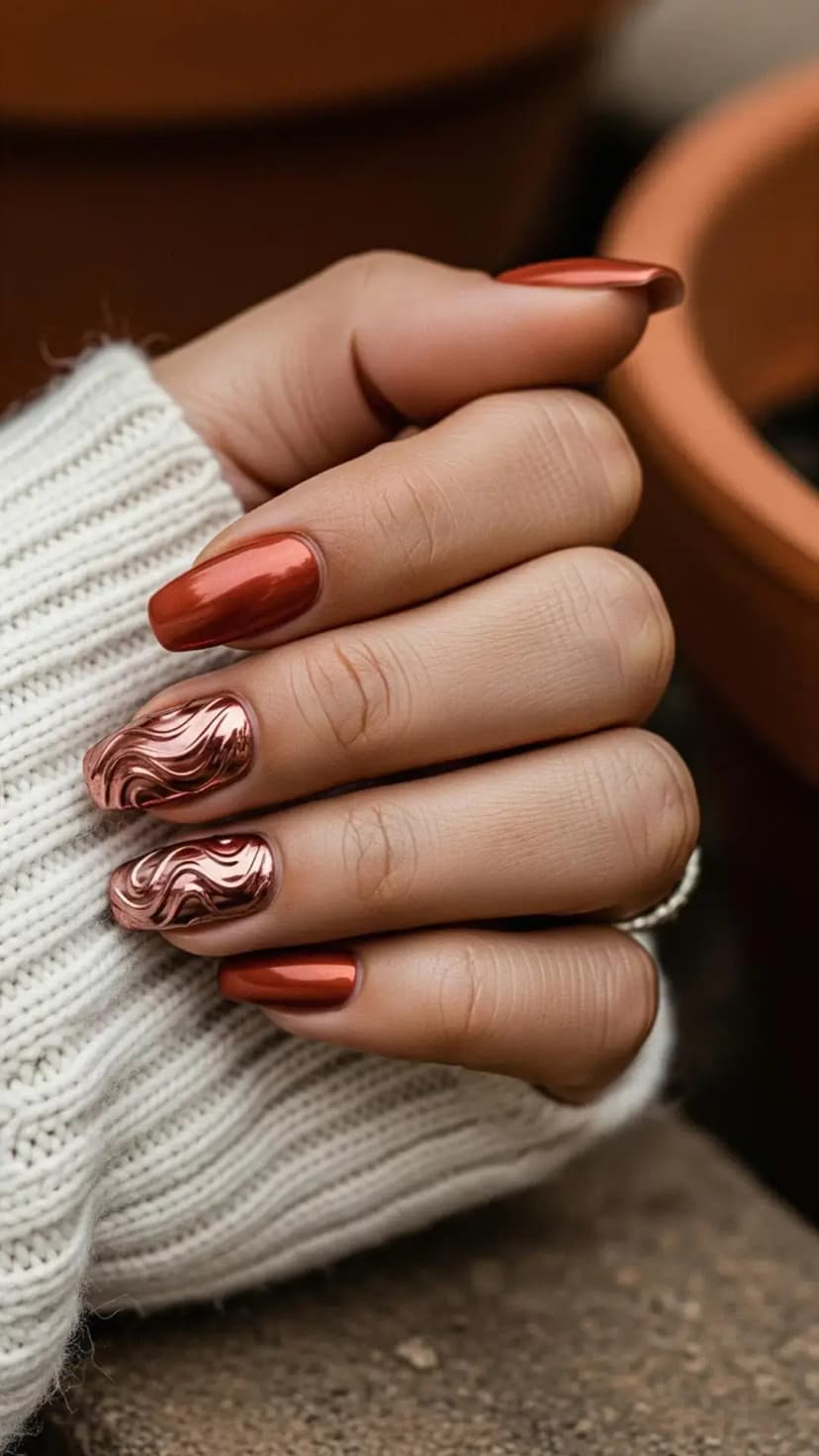 Copper Chrome & Swirly Accent Nails