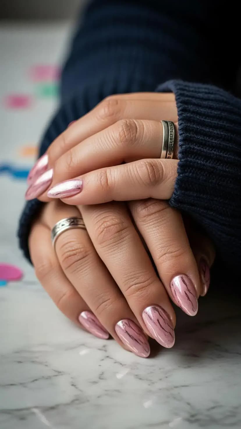 Rose Chrome Marble New Year Nails