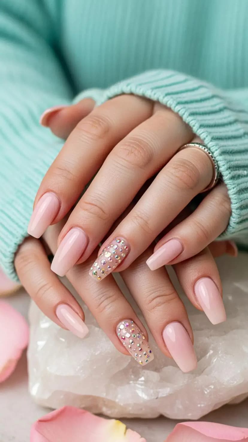 Soft Pink With Crystal Accent Nails