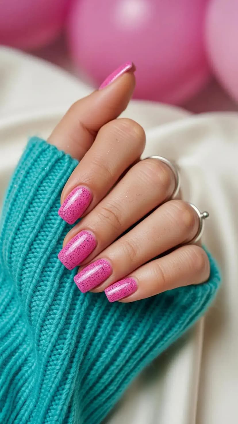 Glittery Party Pink Short Nails