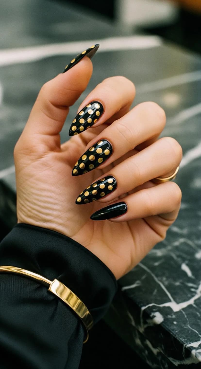 Black + Gold Polka Dot Stiletto Nails