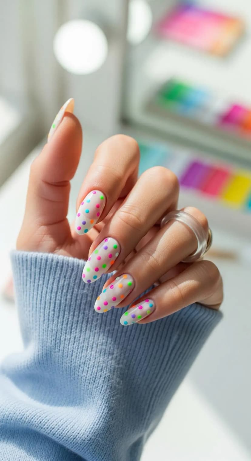 White Polka Dot Almond Nails